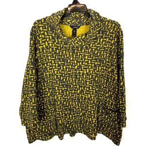 Ali Miles Women Plus Cowl Neck Printed Tunic Knit Top 3X Yellow‎ Black Lagenlook